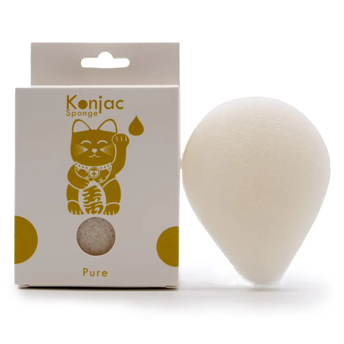 Teardrop-shaped natural facial sponge made from konjac, designed for sensitive skin, shown on white background