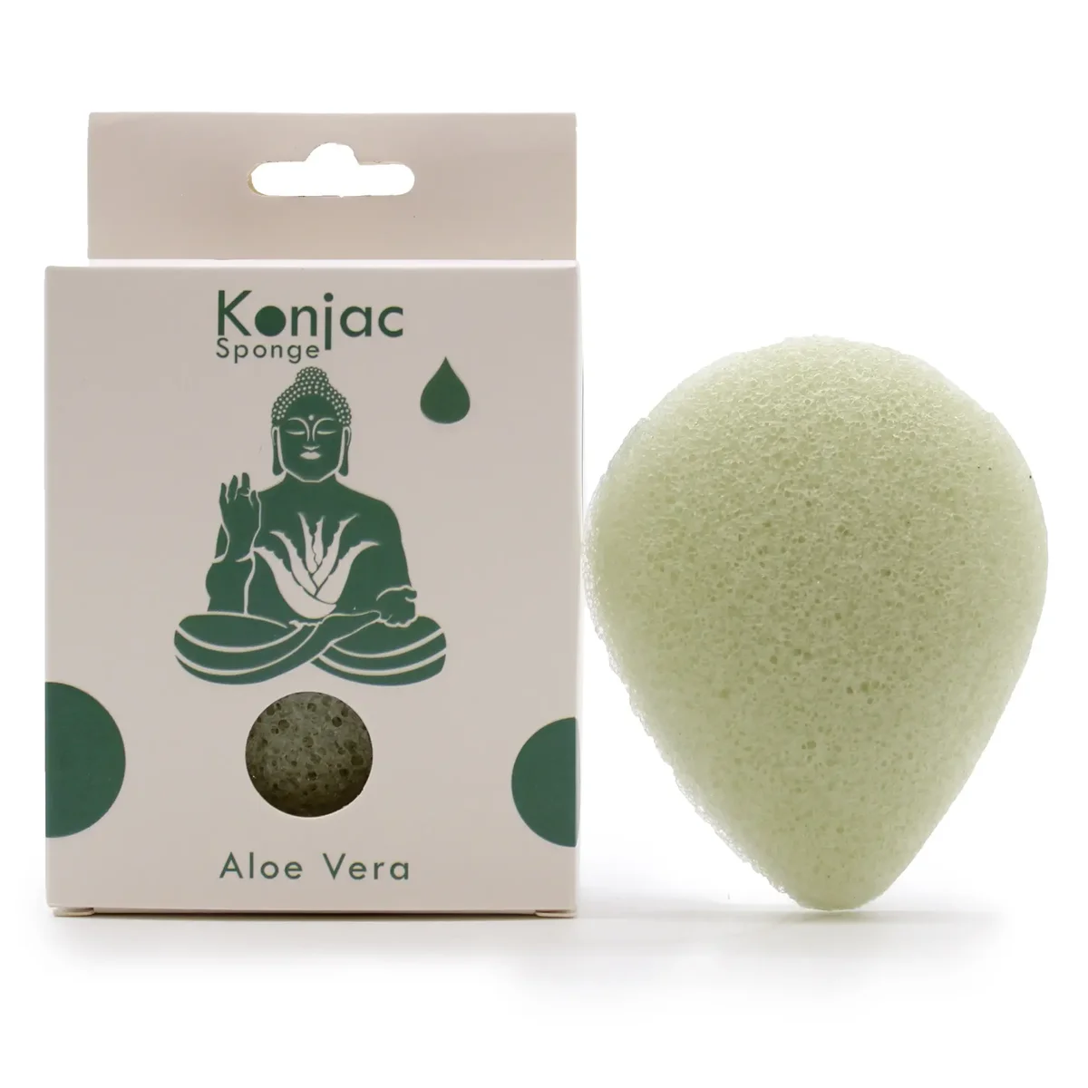 Teardrop konjac sponge in aloe vera, designed for healing and gentle skin cleansing on white background