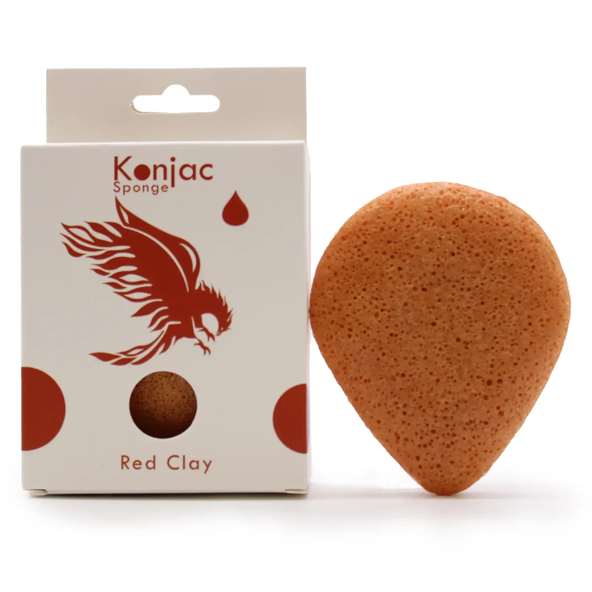 Teardrop-shaped red clay rejuvenating konjac sponge for gentle skin cleansing and exfoliation