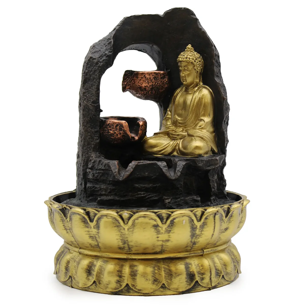 Golden 30cm tabletop water feature with meditating Buddha ornament sitting peacefully