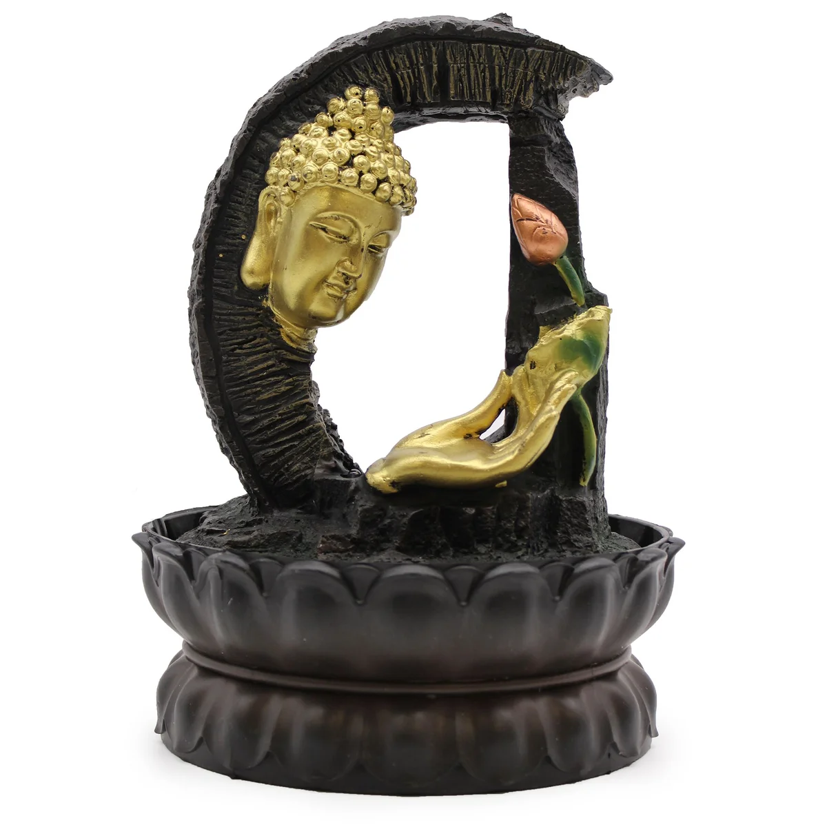 Golden Buddha and lotus tabletop water feature, 30cm tall, decorative indoor fountain on a wooden surface