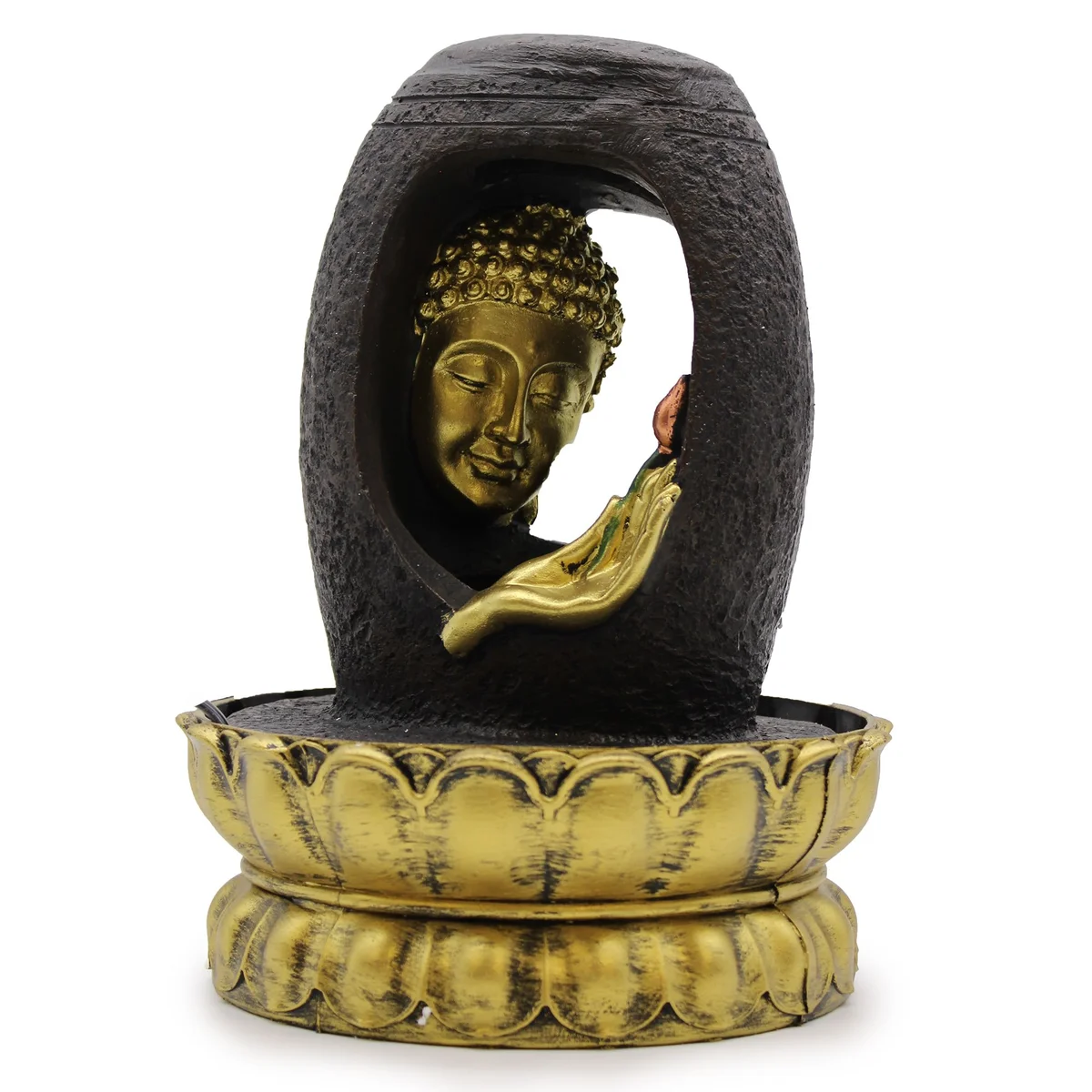 Golden Buddha tabletop water feature 30cm with Vitarka Mudra hand gesture on a decorative base