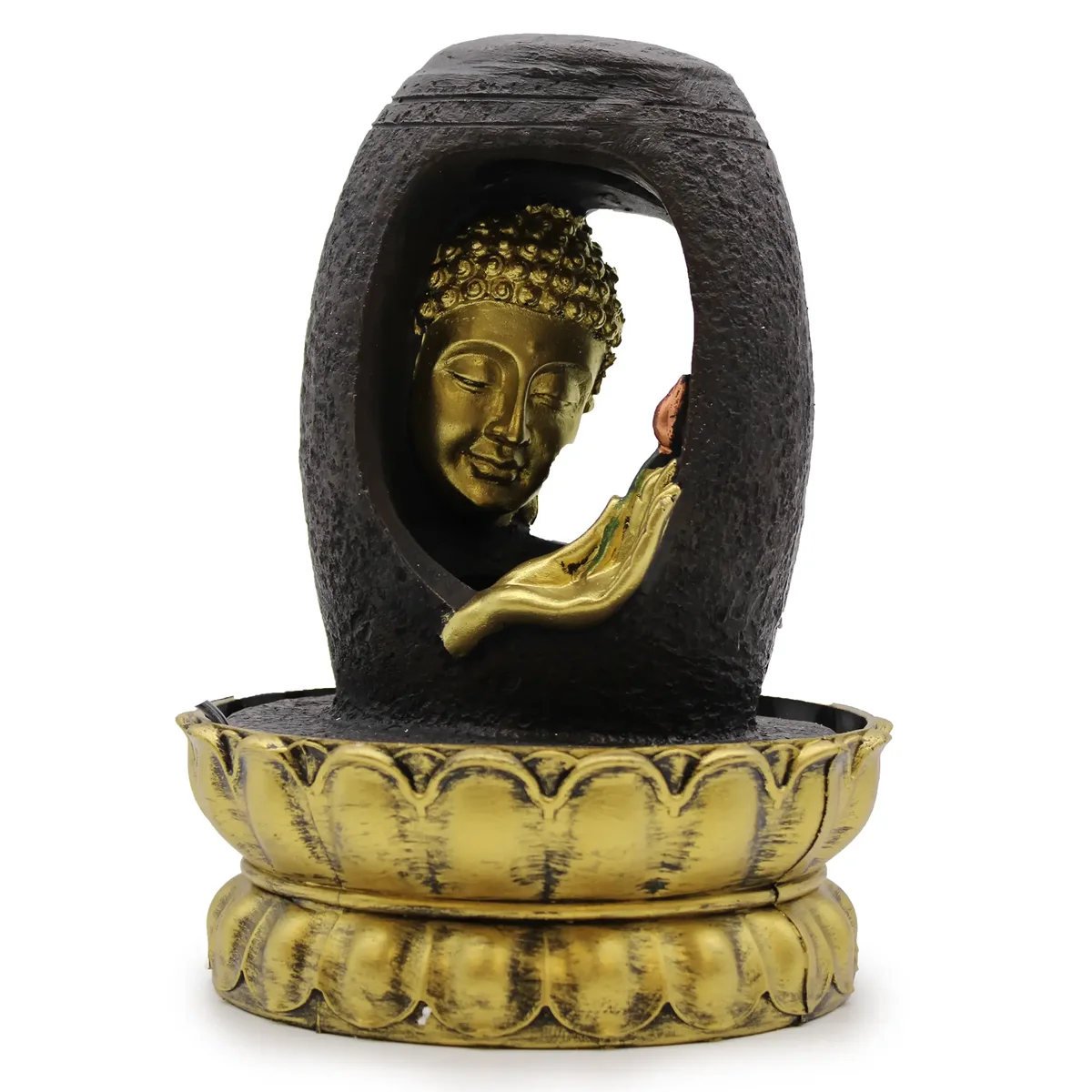 Golden Buddha ornament tabletop water feature 30cm with Vitarka Mudra hand gesture on a decorative base
