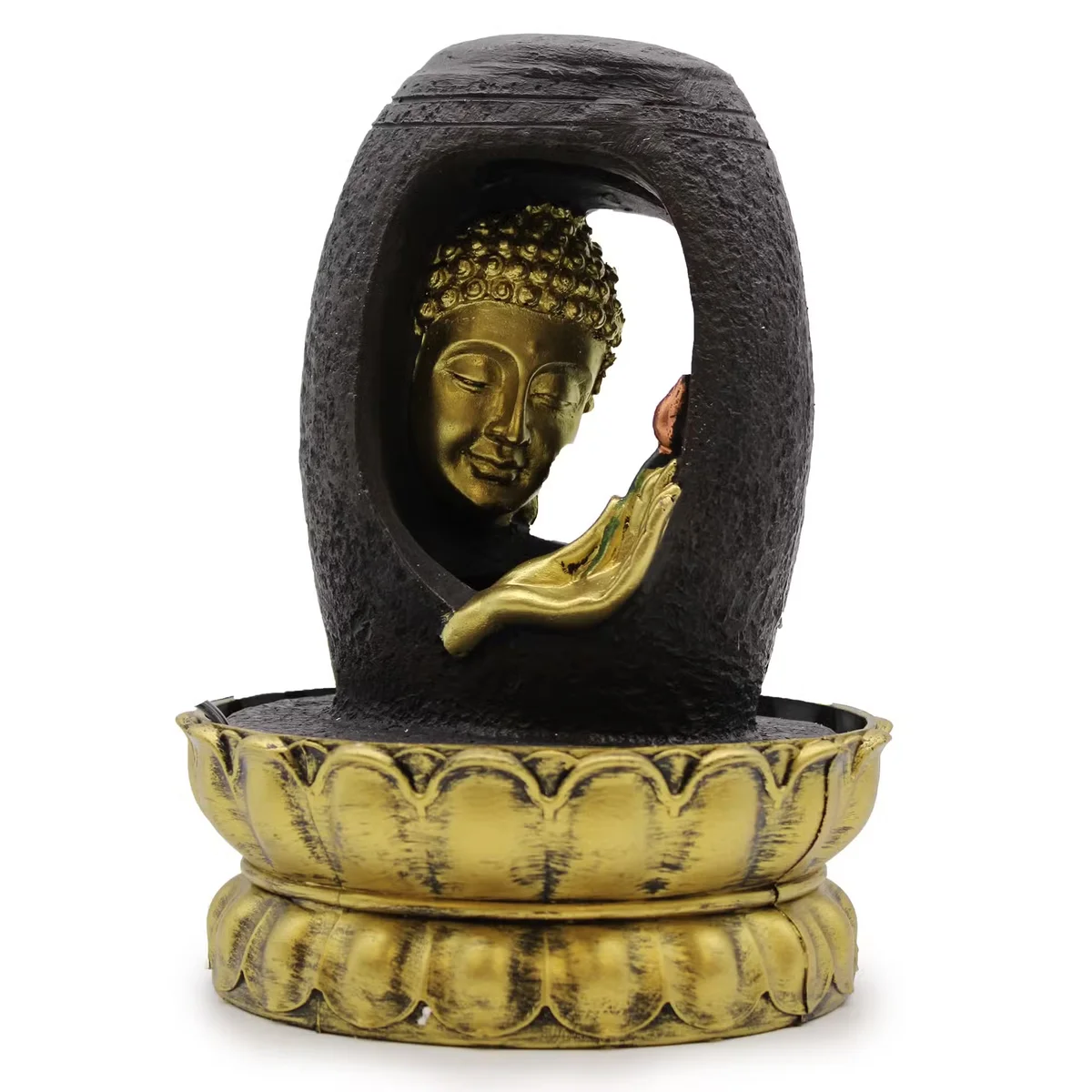 Golden Buddha with Vitarka Mudra on a 30cm water fountain tabletop water feature in gold finish