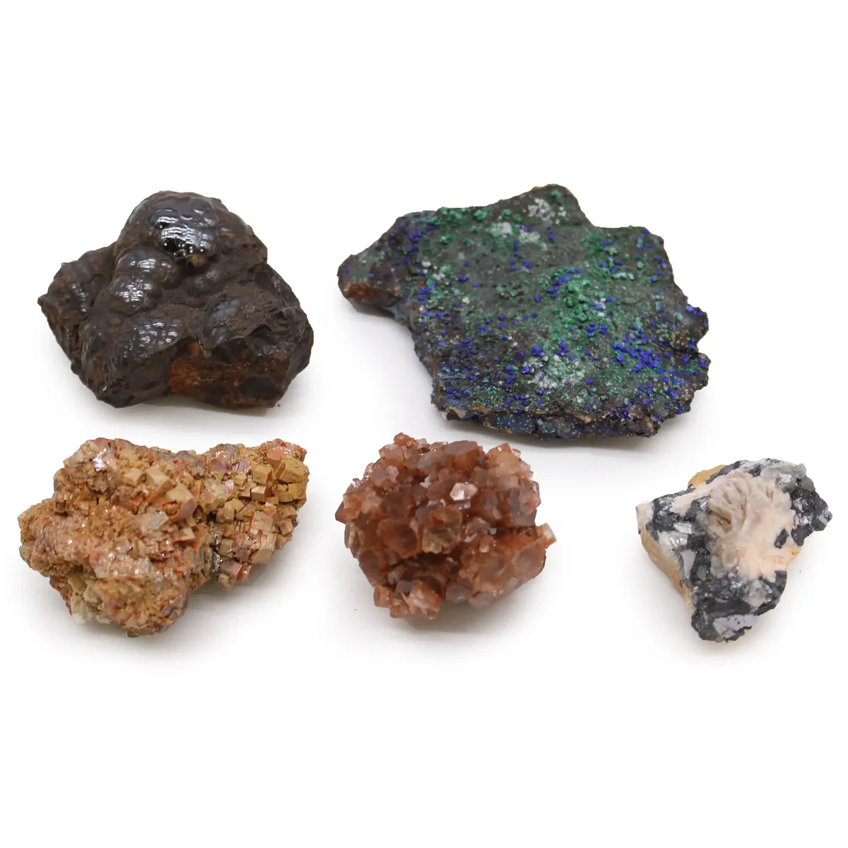 Five rare mineral specimens in a mix of three types, displayed together within a mineral specimen pack