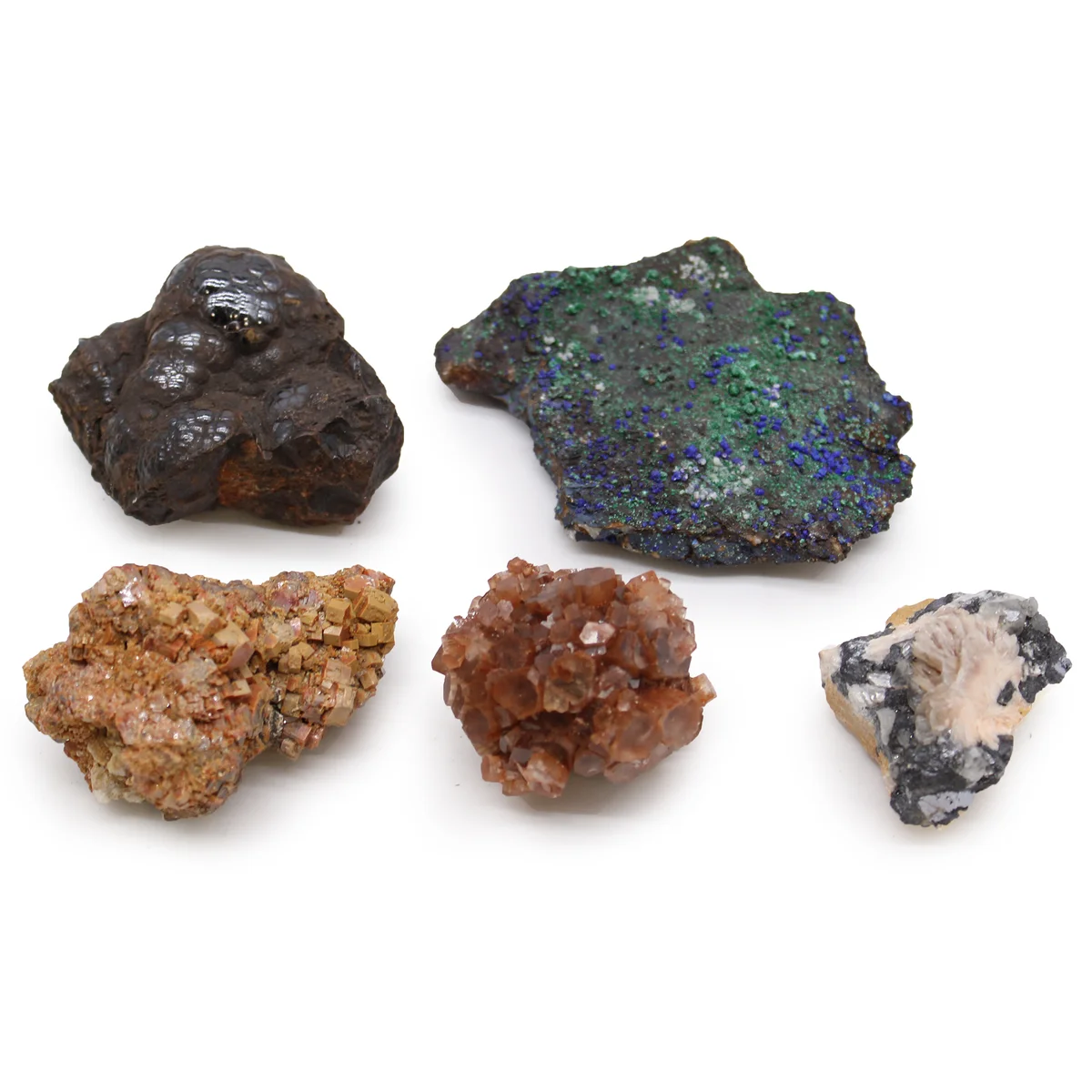 Five mixed mineral specimens, a diverse assortment of vivid crystals and earthy fragments