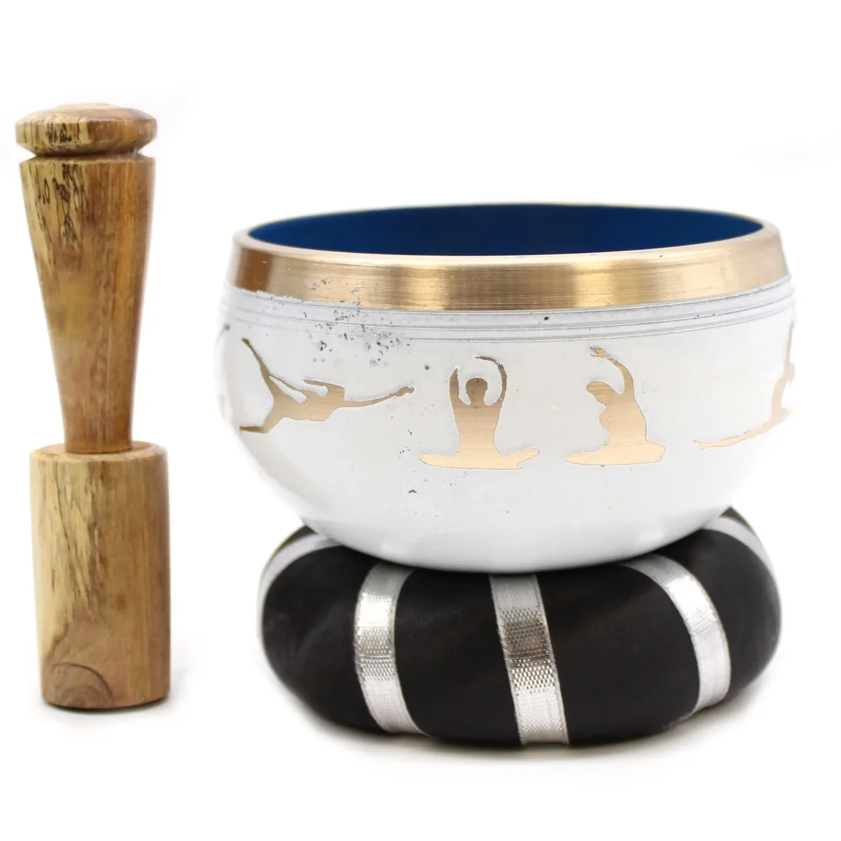 Yoga singing bowl set in white and blue, 10.7cm, shown on a wooden surface.