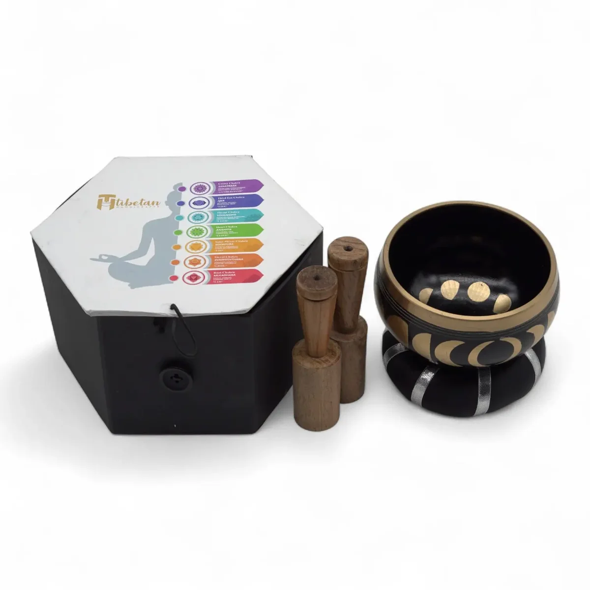 Black moon phase bowl set, 10.7 cm singing bowl in black, shown on a cloth surface against a dark background.