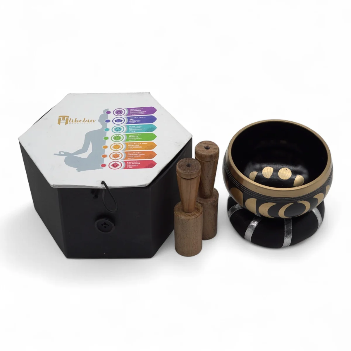 Small singing bowl black with moon phase design, 10.7cm diameter, part of a set