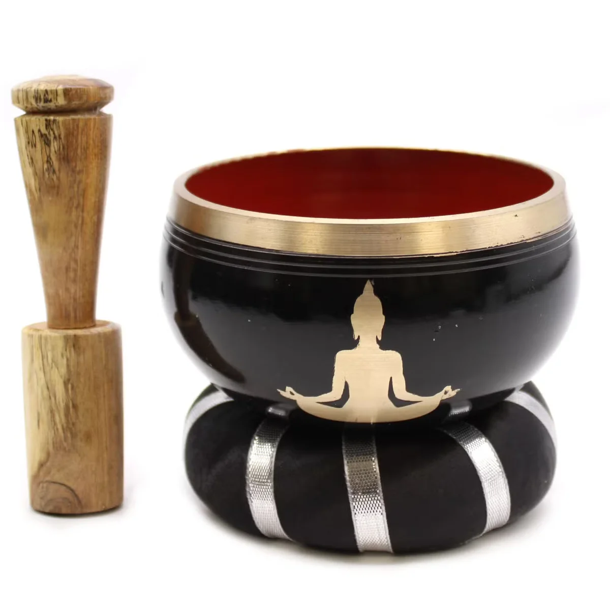 Black and orange Buddha singing bowl set, 10.7cm, perfect singing bowl decor for meditation