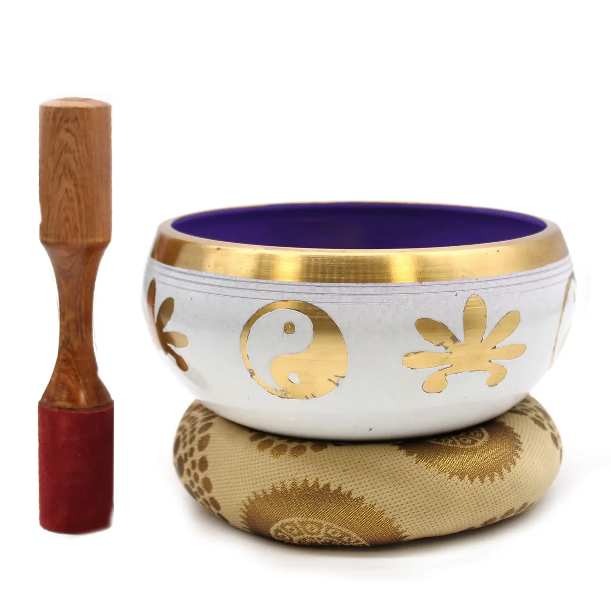 Large singing bowl set featuring white and purple bowls, 14cm diameter, yin-yang theme, displayed together.