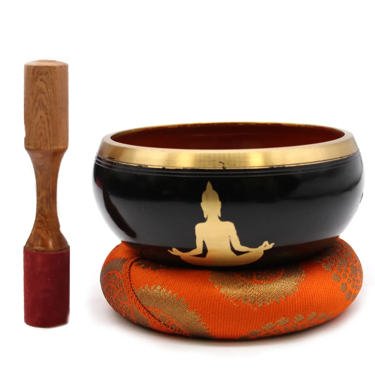 Buddha decor set of black and orange 14cm singing bowl, vibrant colors, striking design.