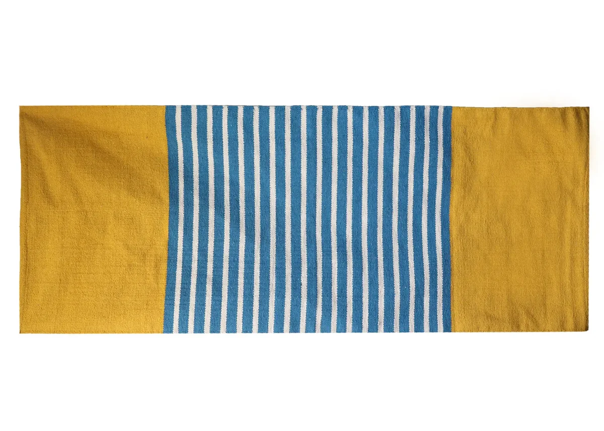 Bold yellow and blue Indian cotton floor rug, 70x170cm rectangular pattern
