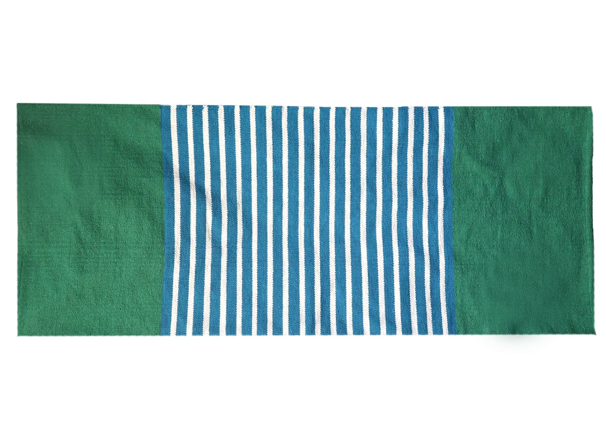 Blue and green Indian cotton area rug, 70x170cm, woven texture