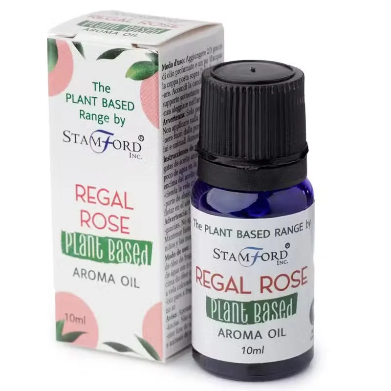 Plant based rose scented oil bottle with label 'Regal Rose