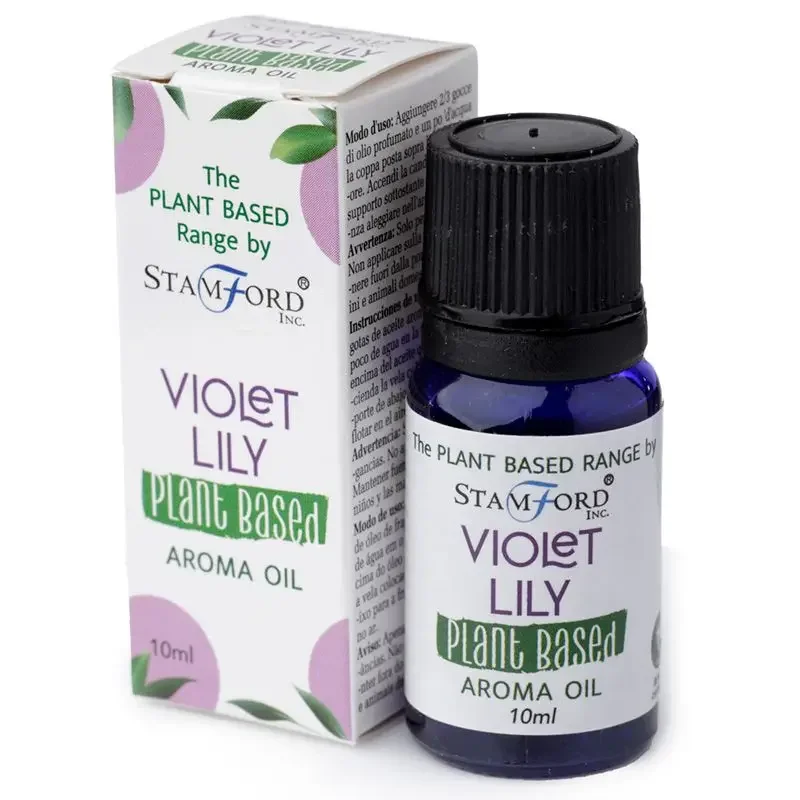 Clear glass bottle holding violet lilly aroma oil with minimalist label design