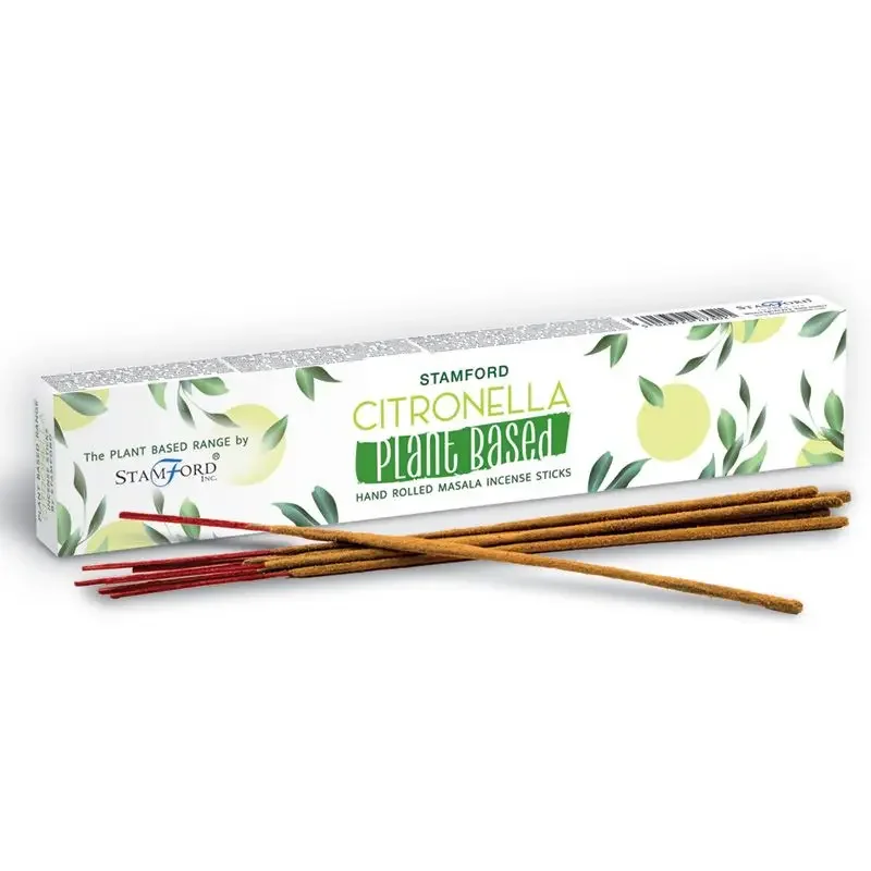 Plant based incense sticks in a wooden box, crisp citronella scent, natural wood‑wrapped sticks.