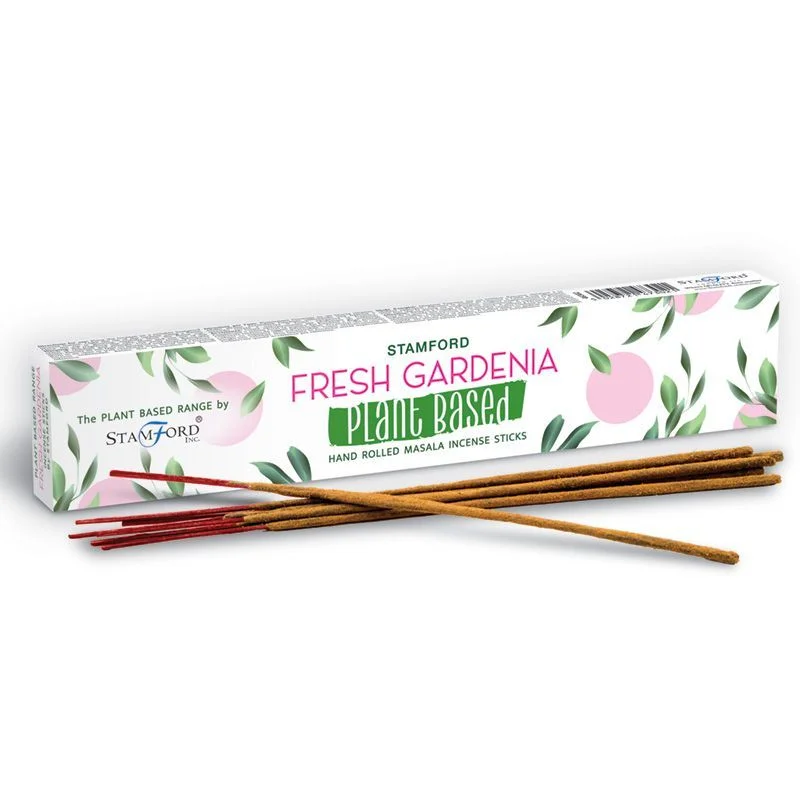 Plant based masala incense sticks fresh gardenia displayed in a row on a plain background