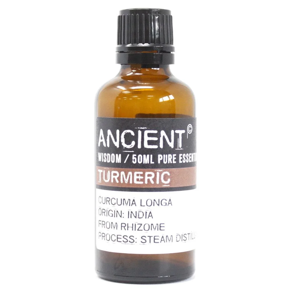 50ml amber glass bottle of turmeric essential oil with black cap on white background