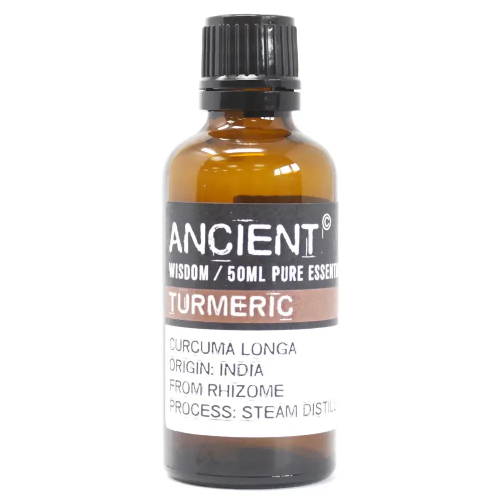 50ml amber glass bottle of turmeric natural essential oil with black cap on white background