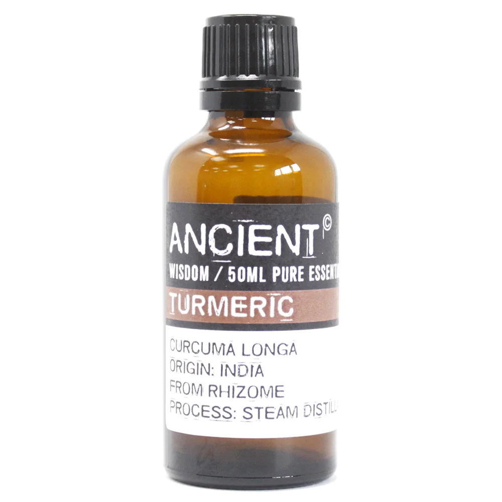 Bottle of 50ml turmeric aromatherapy oil with yellow liquid and label on a white background
