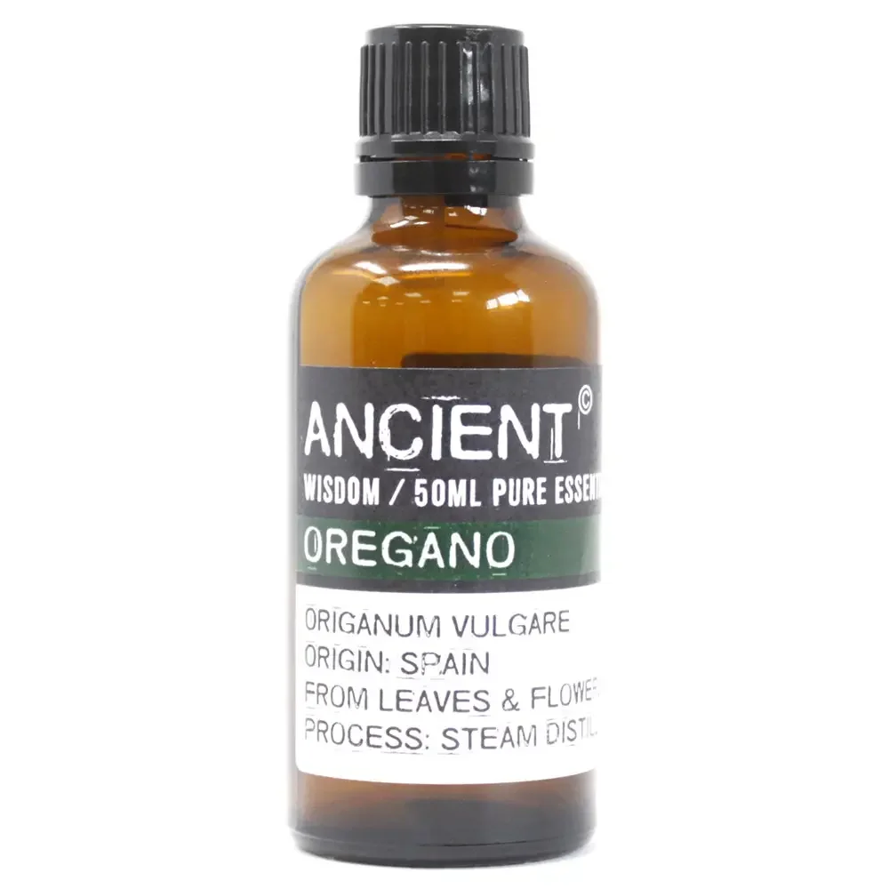 Bottle of 50ml essential oil labelled Oregano Essential Oil with green leaves on a white background