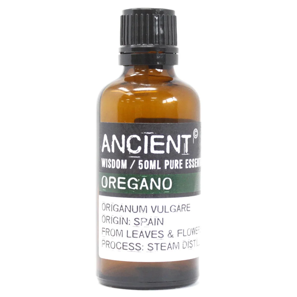 Clear 50ml bottle of natural oregano oil with label showing oregano leaves on white background