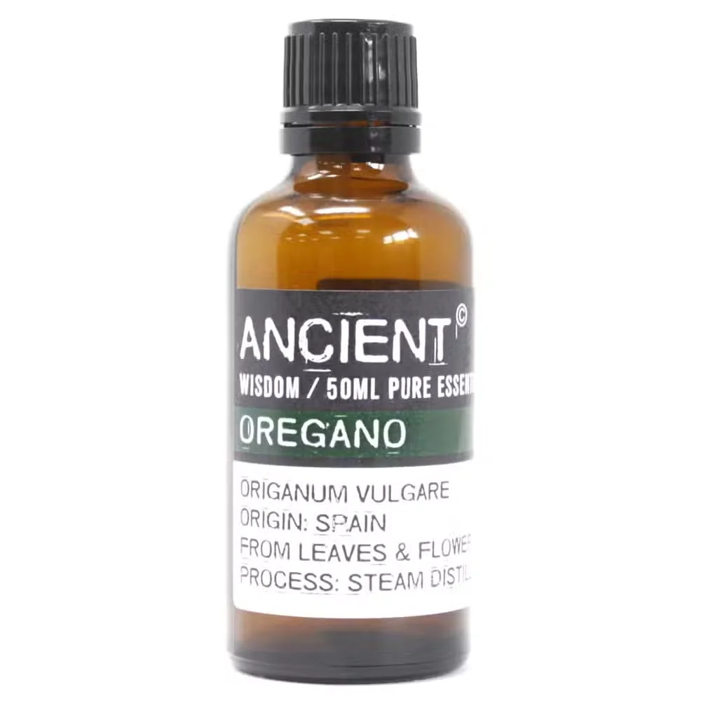 Bottle of Oregano Essential Oil 50ml with label, suitable for aromatherapy oil UK use on white background