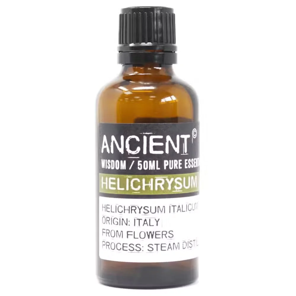 Bottle of Helichrysum Essential Oil 50ml with label, representing Helichrysum oil UK product packaging