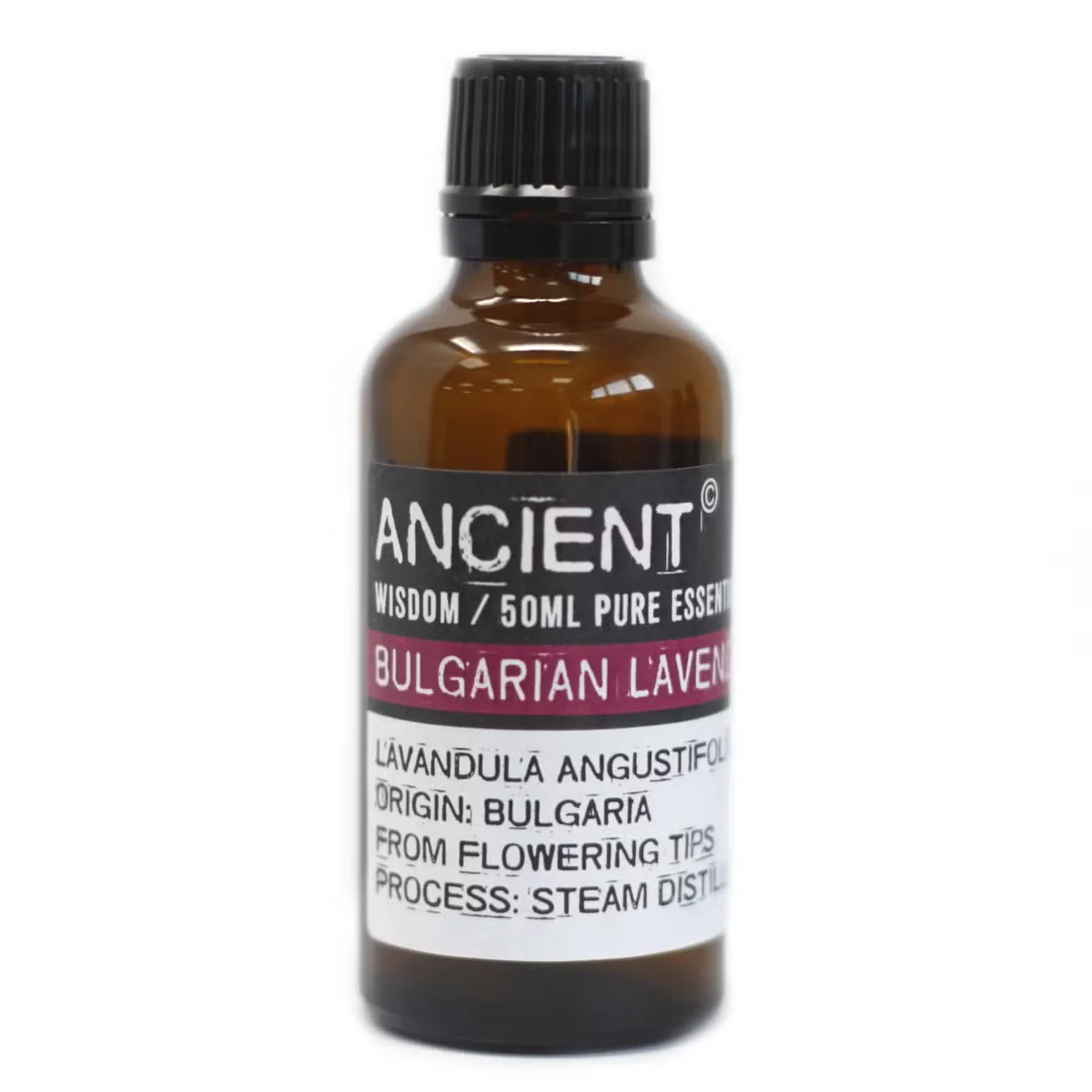 Bottle of Bulgarian lavender essential oil 50ml with label highlighting pure lavender oil for aromatherapy use