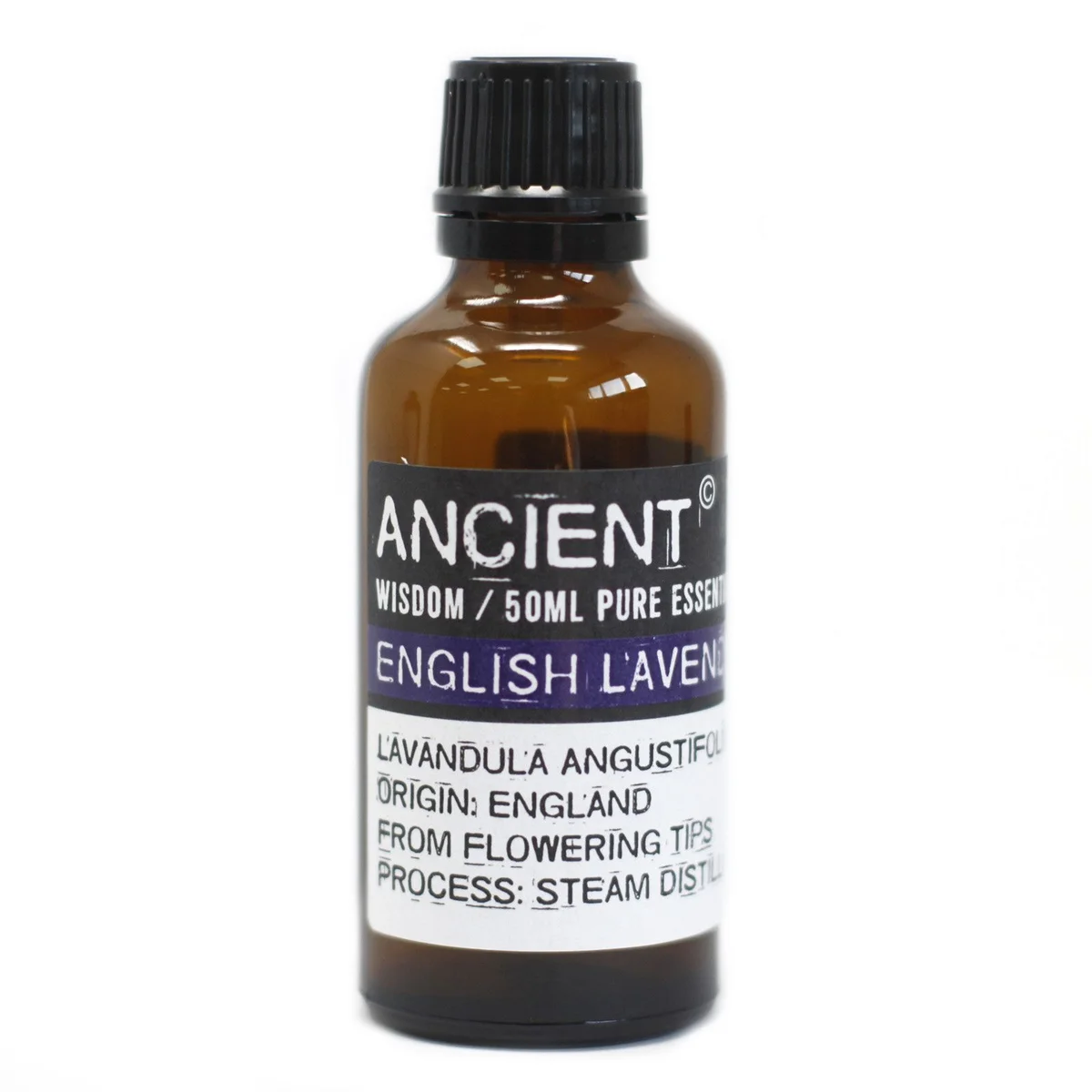 Bottle of English lavender essential oil 50ml with label on a white background