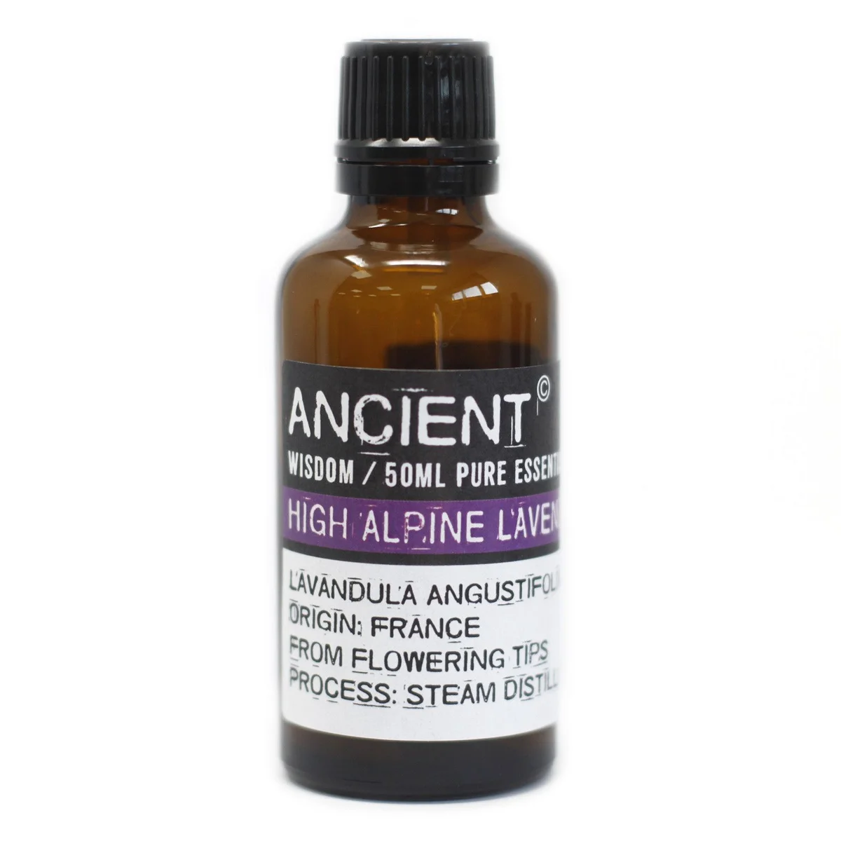 50ml bottle of High Alpine lavender essential oil with purple label and lavender flowers in the background