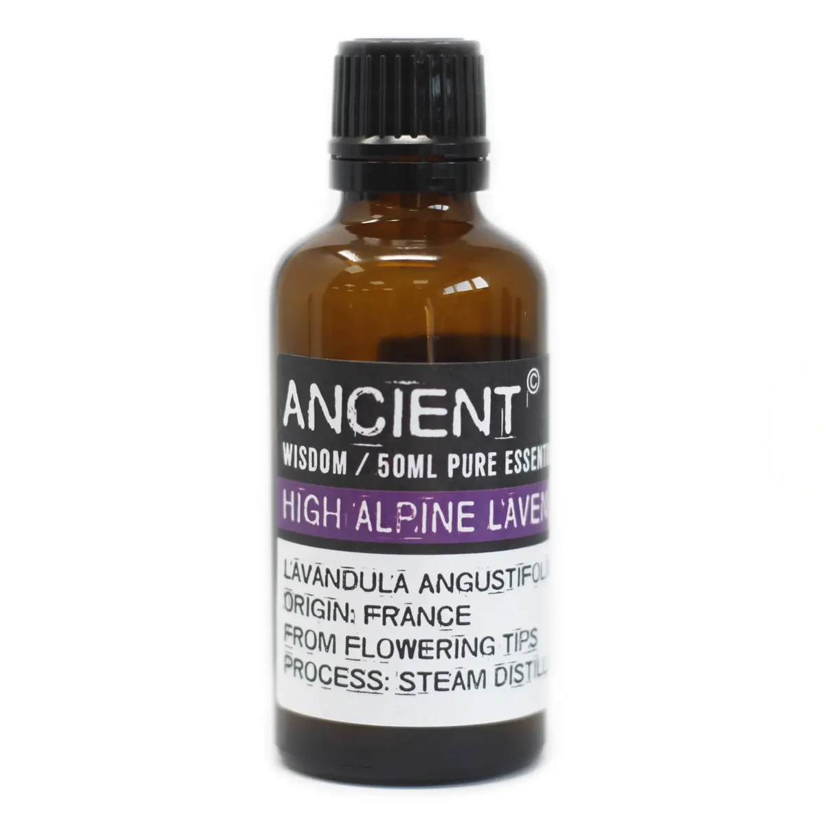 Bottle of High Alpine Lavender Oil 50ml with purple label on white background for aromatherapy use