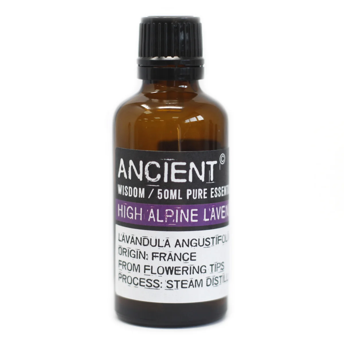 Bottle of High Alpine 50ml lavender oil with purple label and lavender flowers on white background