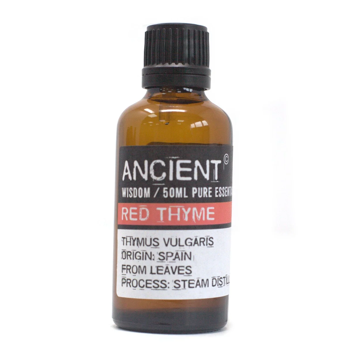 50ml amber glass bottle of red thyme essential oil with black cap on white background