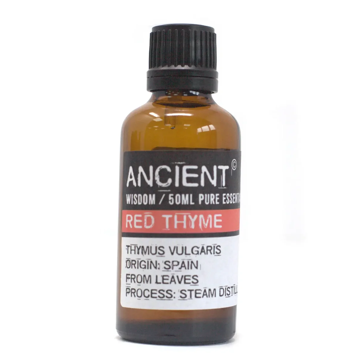 Bottle of red thyme essential oil 50ml with label on a white background