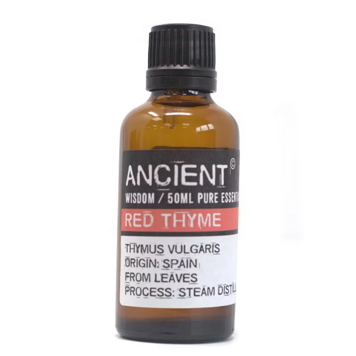 Bottle of Red Thyme Essential Oil 50ml for aromatherapy oils UK, with red label and dropper cap on white background