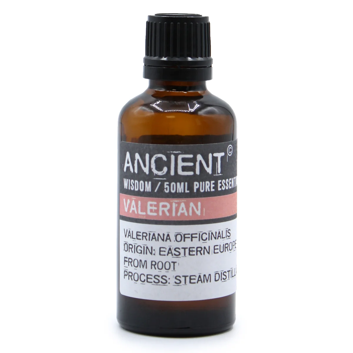 Valerian Essential Oil 50ml amber glass bottle with black cap labelled relaxation oil 50ml on white background