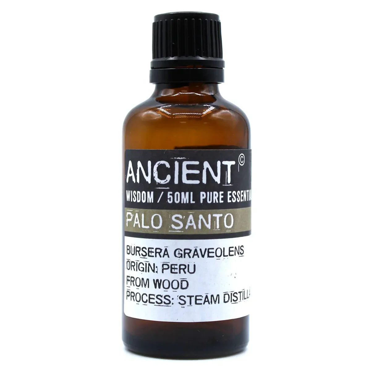 Bottle of Palo Santo natural essential oil with wooden cap, 50ml size, on plain white background