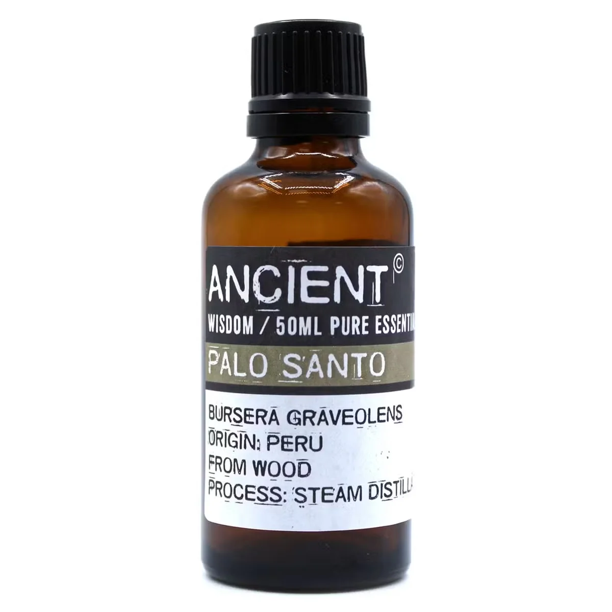 Clear glass bottle of palo santo oil 50ml with natural wooden cap on white background
