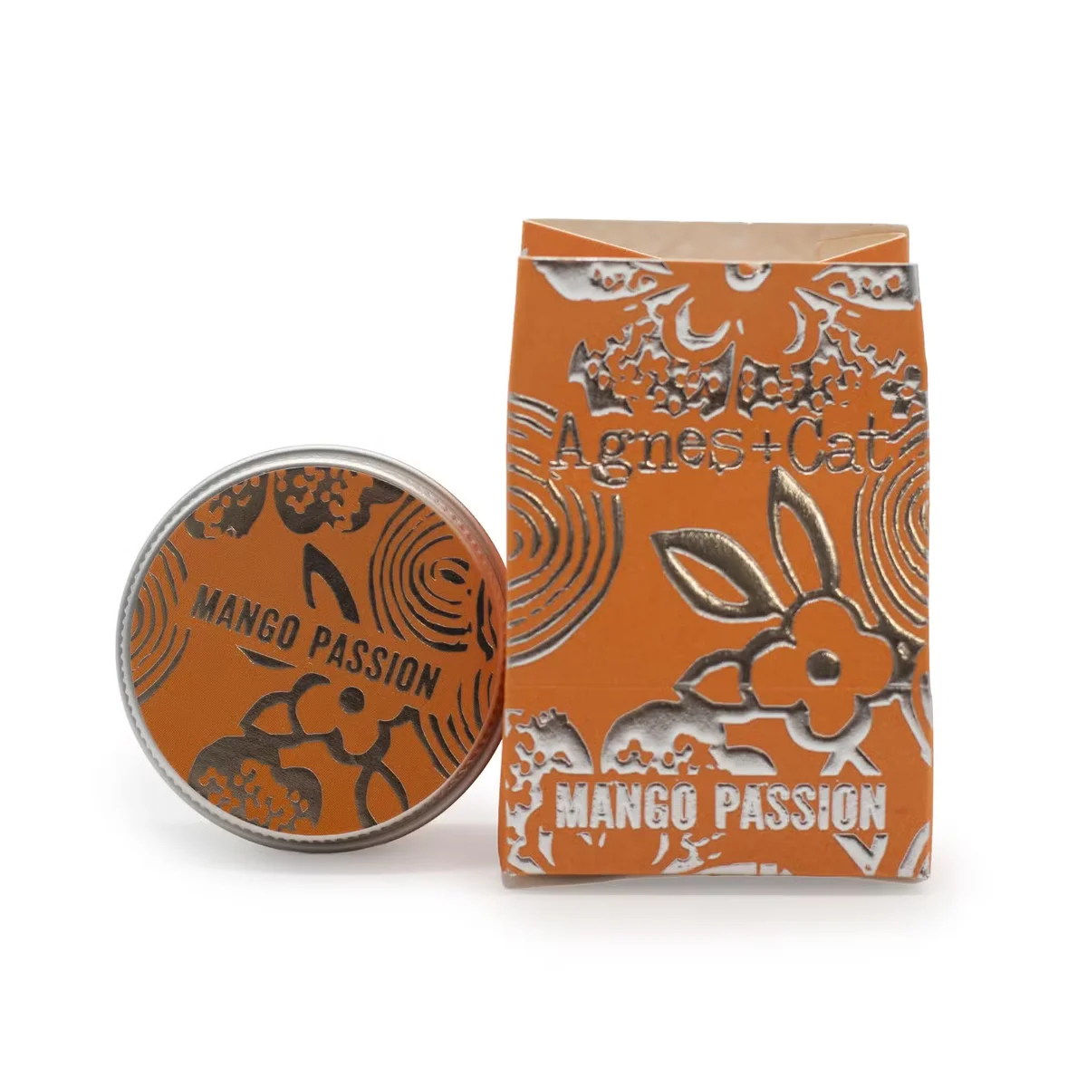 Agnes + Cat Mango Passion Fruit natural flavour lip balm in a sleek white tube with a twist-up cap on a plain background