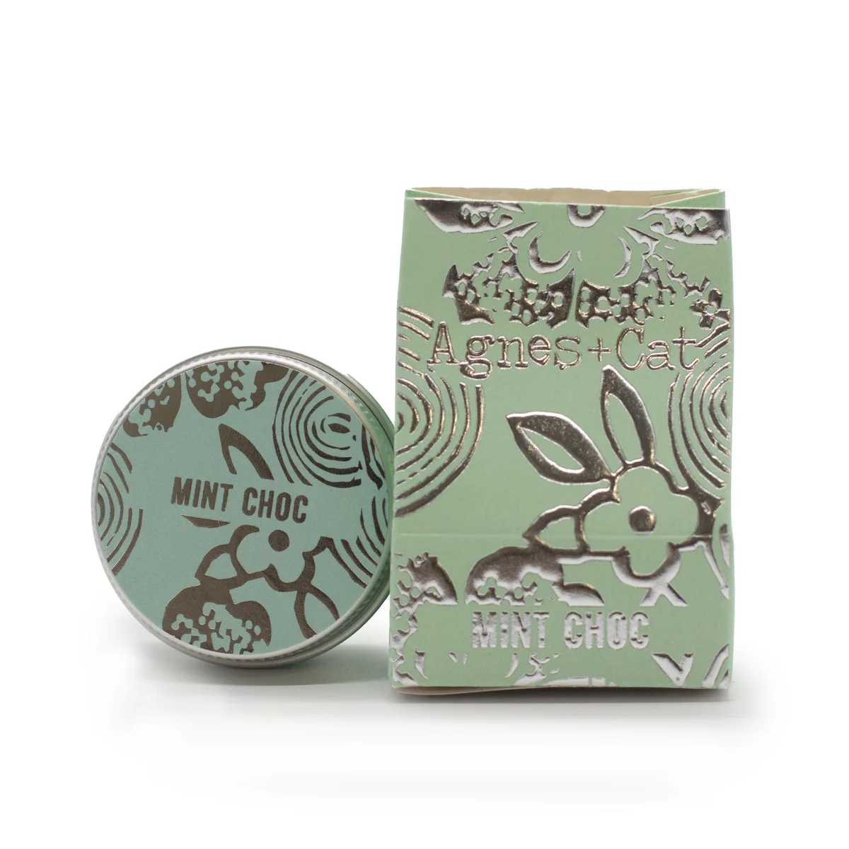 Agnes + Cat mint chocolate lip balm tube with brown and green packaging on white background