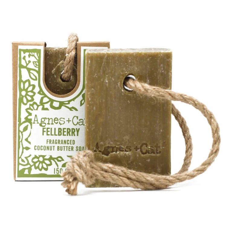 Soap on a rope from Fellberry hanging against a neutral background