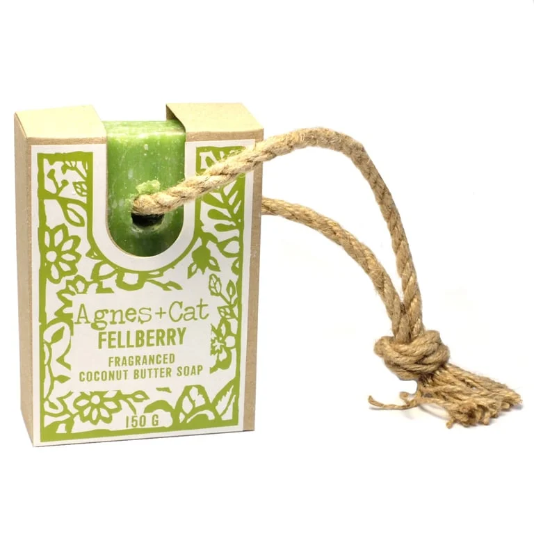 Bathroom soap accessory: Fellberry soap on a rope in a bright bathroom setting