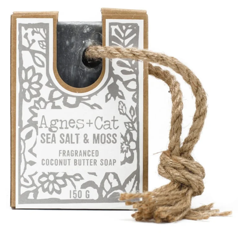 Sea salt soap hanging on a rope, textured bar with moss-inspired design