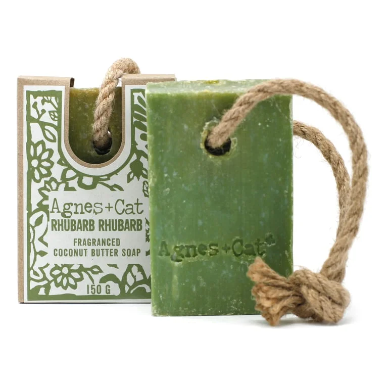 Rhubarb scented soap on a rope, hanging from a string.