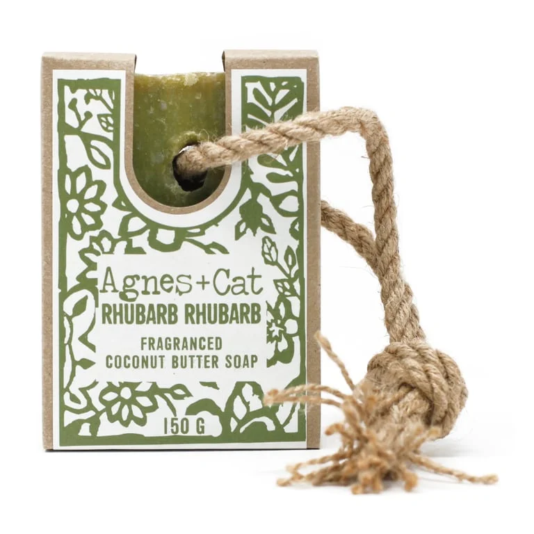 Rhubarb soap bar tied on a rope, natural twine hanging.