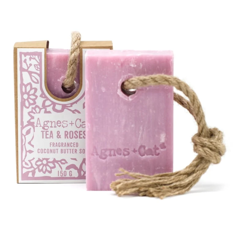 tea and roses soap on a rope displayed against a light background