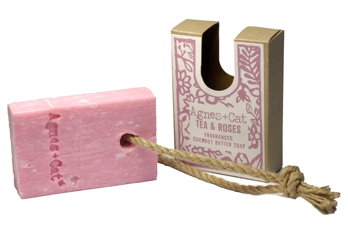 bath soap with rope tied, featuring tea and roses details