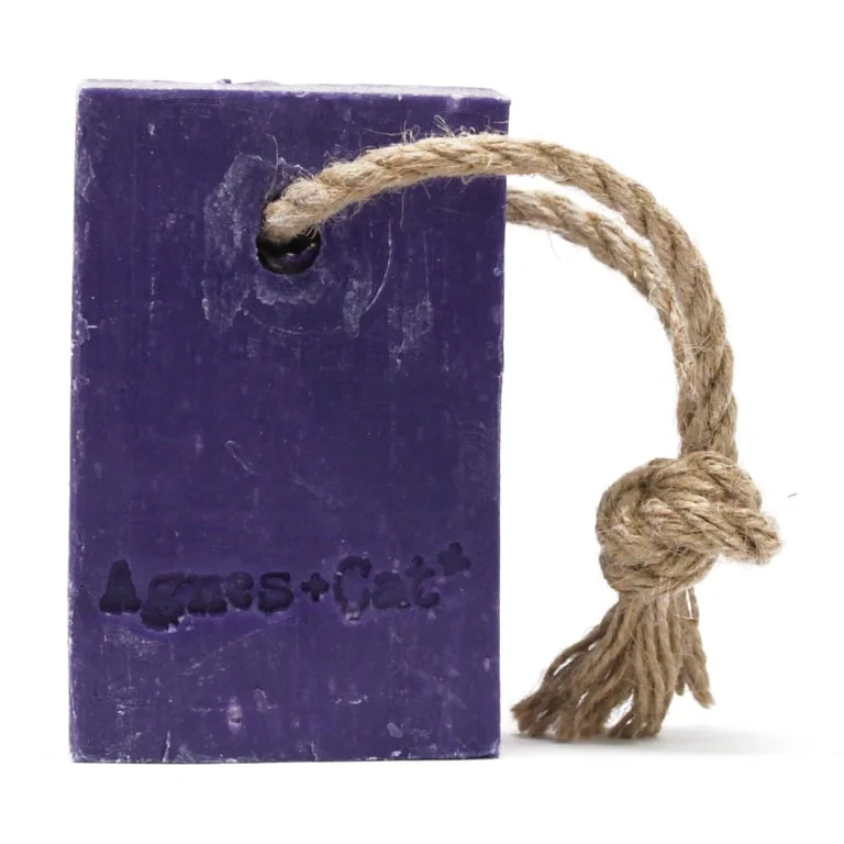 Provence soap on a rope, a bar of soap suspended on a rope.